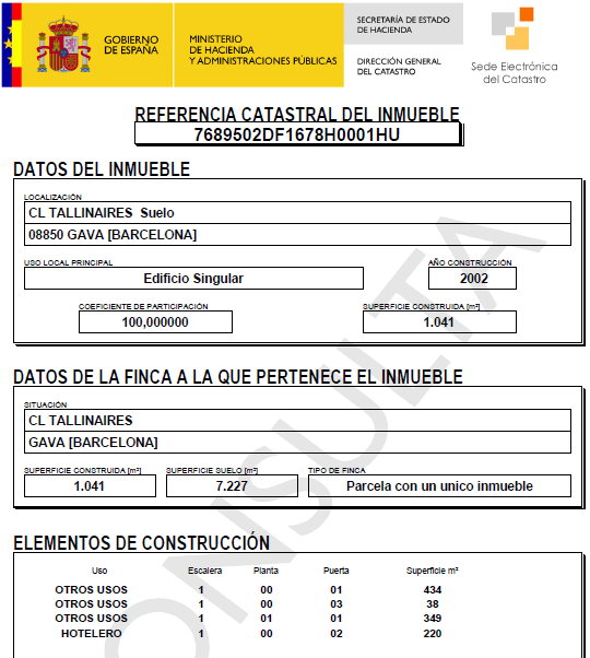 Referncia catastral de la parcella de Central Mar que s'ha de subdividir per poder convertir l'Escola Gav Mar en un Institut-Escola (Pgina 1 de 2)